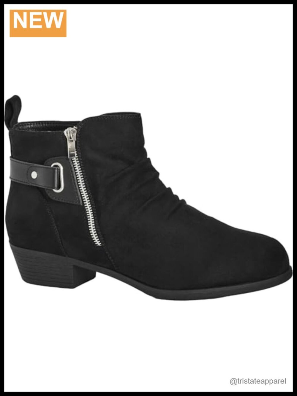 Wide Fit Ankle Bootie Suede Faux Leather Comfortable Side Zip Block Heel